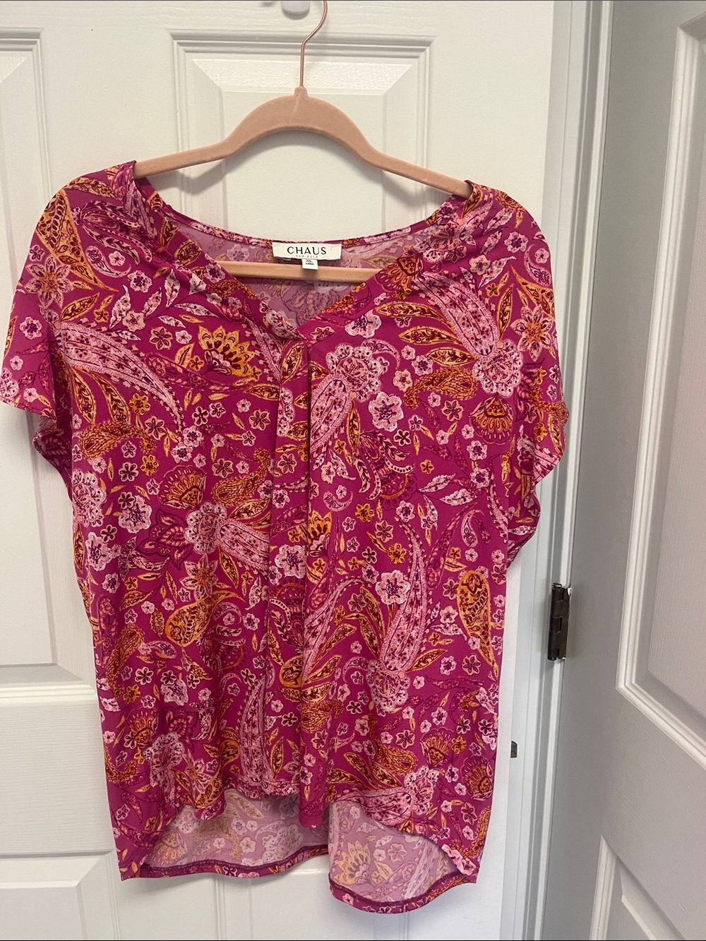 Chaus Magenta Paisley Short Sleeve Blouse with Gold Accents